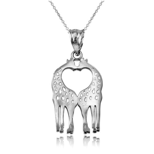 White Gold Open Heart Kissing Giraffes Charm Necklace