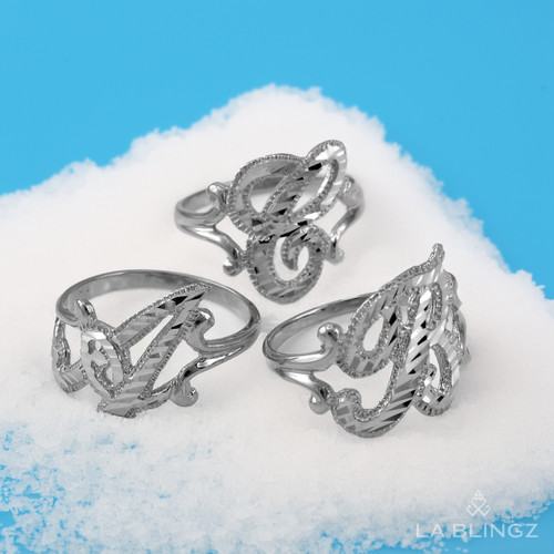 White Gold Sparkle-Cut Letter Initial Script Ring