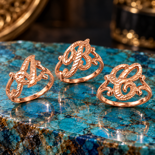 Rose Gold Sparkle-Cut Letter Initial Script Ring