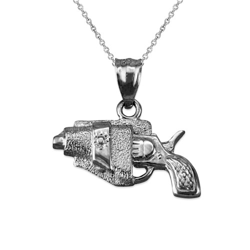 White Gold Revolver Gun in Holster Charm Necklace