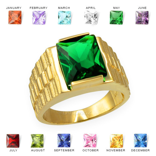 Mens Square CZ Birthstone Watchband Ring in Yellow Gold