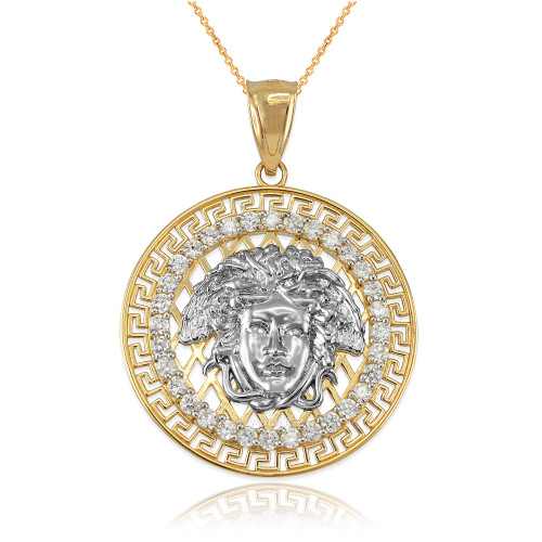 Two-Tone Yellow Gold Medusa CZ Medallion Pendant Necklace