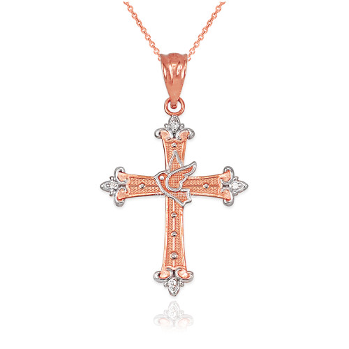 Rose Gold Holy Spirit Dove Cross Diamond Pendant Necklace
