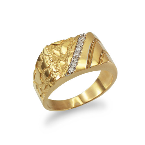 Men's CZ Accent Rectangle Nugget Ring in Yellow Gold