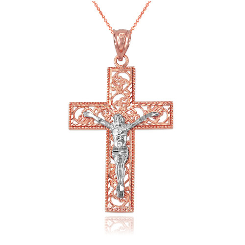 Two-Tone Rose Gold Filigree Crucifix Cross DC Pendant Necklace