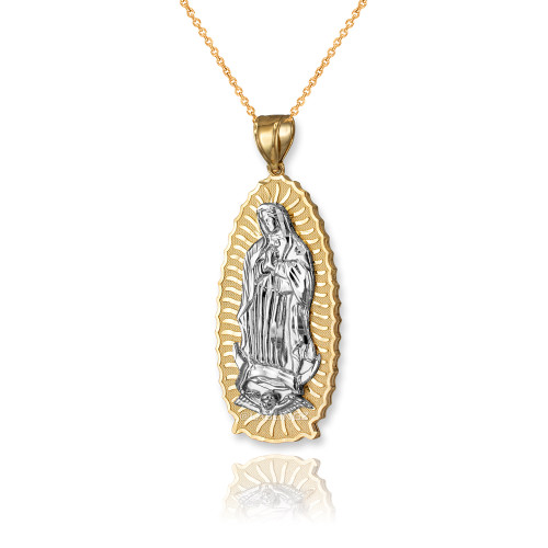 Two-Tone Yellow Gold Virgin Mary Pendant Necklace