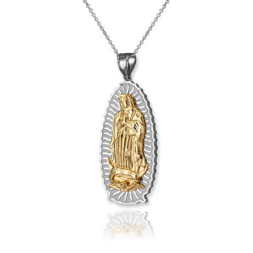 Two-Tone White and Yellow Gold Virgin Mary Pendant Necklace