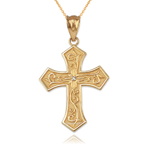 Yellow Gold Christian Passion Diamond Cross Pendant Necklace