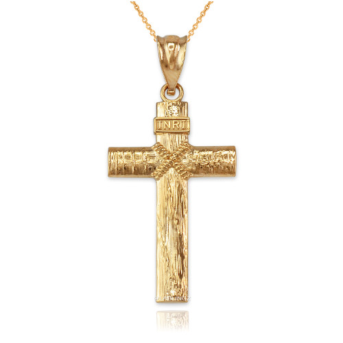 Yellow Gold  Woodgrain Rope Cross Pendant Necklace