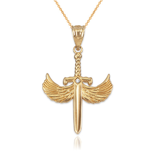 Yellow Gold Hot Wings Diamond Sword Pendant Necklace