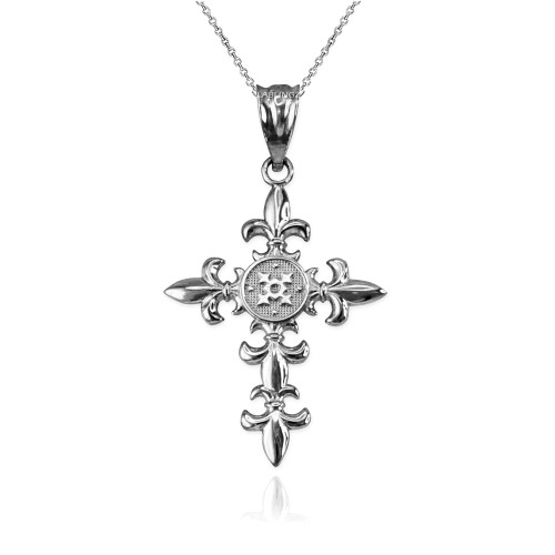 Sterling Silver Fleur de Lis Cross Pendant Necklace