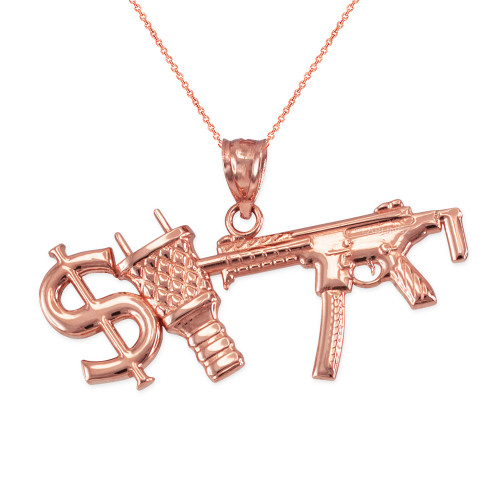 Rose Gold Dollar Plug Gun Hip Hop Pendant Necklace