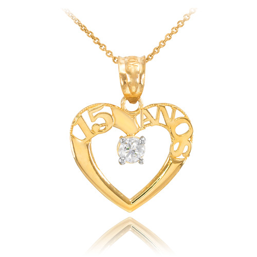 14K Gold 15 Anos Heart CZ Pendant Necklace