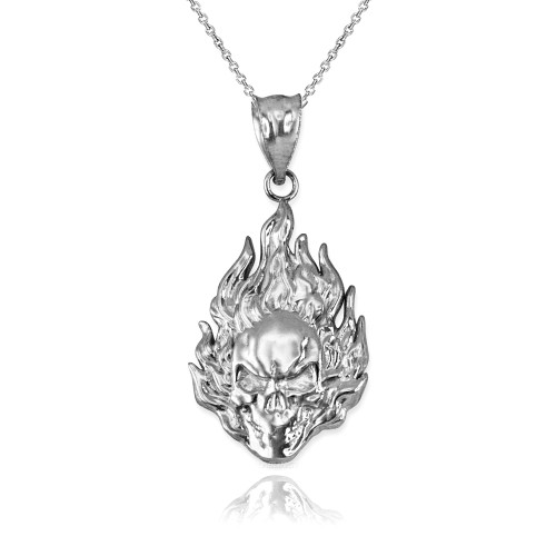 Flaming Skull Sterling Silver Pendant Necklace