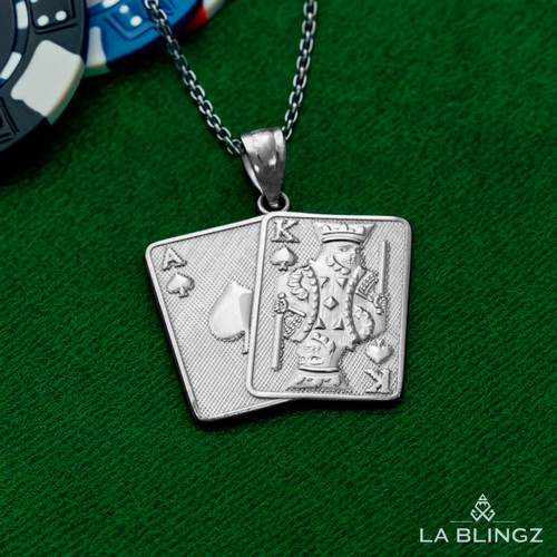 925 Sterling Silver King and Ace of Spades Lucky Hand Pendant Necklace for Casino and Poker Lovers