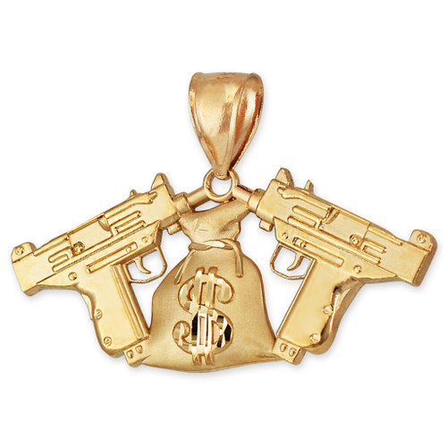 Gold Money Bag Uzi Machine Gun Pendant