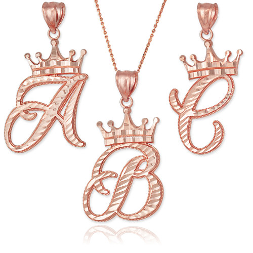 Rose Gold Cursive Crown Letter Initial DC Pendant Necklace