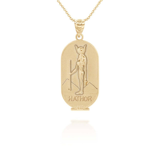 Gold Hathor Egyptian Mother Goddess of Love, Beauty and Feminine Power Pendant Necklace
