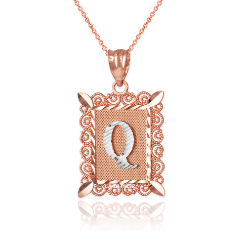 Two-tone Rose Gold Filigree Alphabet Initial Letter "Q" DC Pendant Necklace