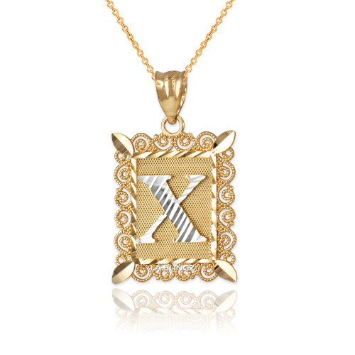 Two-tone Gold Filigree Alphabet Initial Letter "X" DC Pendant Necklace