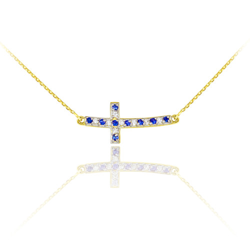 14K Gold Small Sideways Curved Cross Blue and Clear CZ Necklace