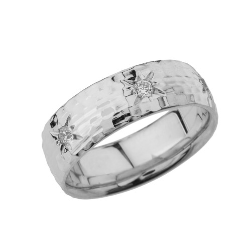 White Gold 7 1\2 Hammered Diamond Mens Wedding Band