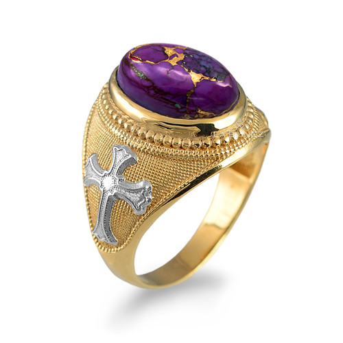 Gold Fleur-de-Lis Cross Purple Copper Turquoise Ring