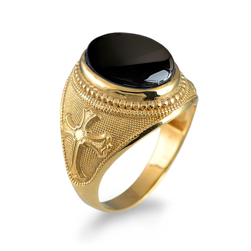 Solid Gold Fleur-de-Lis Cross Black Onyx Ring
