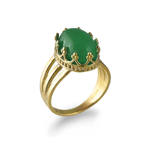 Yellow Gold Oval Crown Green Onyx Gemstone Ring