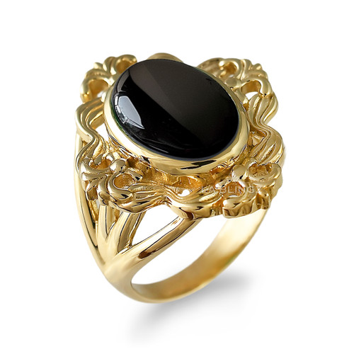 Gold Fleur-de-Lis Oval Onyx Gemstone Ring