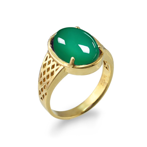 Green Onyx Oval Cabochon Gold Lattice Band Ring