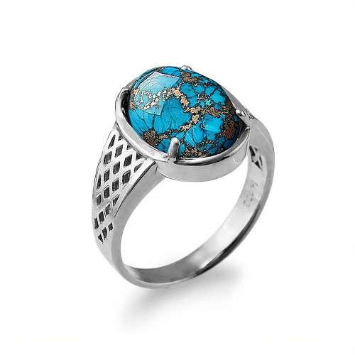 Blue Copper Turquoise Oval Cabochon Sterling Silver Lattice Band Ring