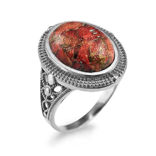 Sterling Silver Filigree Band Orange Copper Turquoise Oval Gemstone Ring