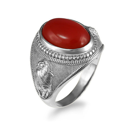Bold Sterling Silver Lion Band Red Onyx Oval Cabochon Gemstone Ring