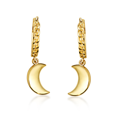 Yellow Gold Crescent Moon Cuban Link Huggie Earrings