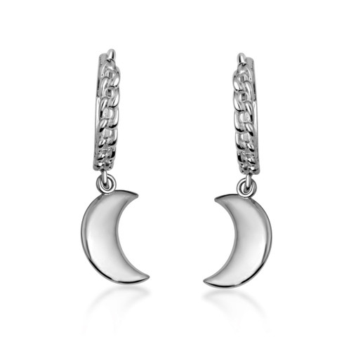.925 Sterling Silver Crescent Moon Cuban Link Huggie Earrings