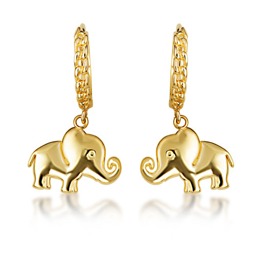Yellow Gold Elephant Wildlife Cuban Link Huggie Earrings