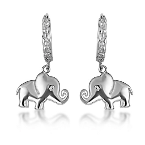 .925 Sterling Silver Elephant Wildlife Cuban Link Huggie Earrings