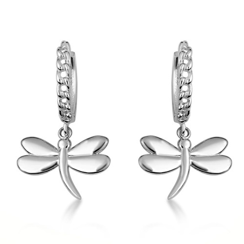 .925 Sterling Silver Dragonfly Nature Cuban Link Huggie Earrings