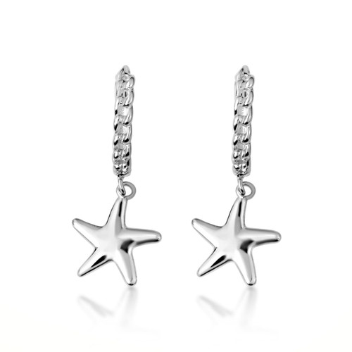 .925 Sterling Silver Sea Starfish Ocean Cuban Link Huggie Earrings