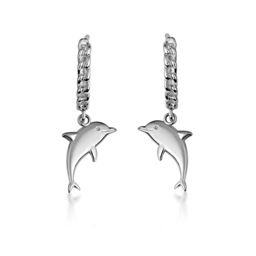 .925 Sterling Silver Marine Dolphin Cuban Link Huggie Earrings