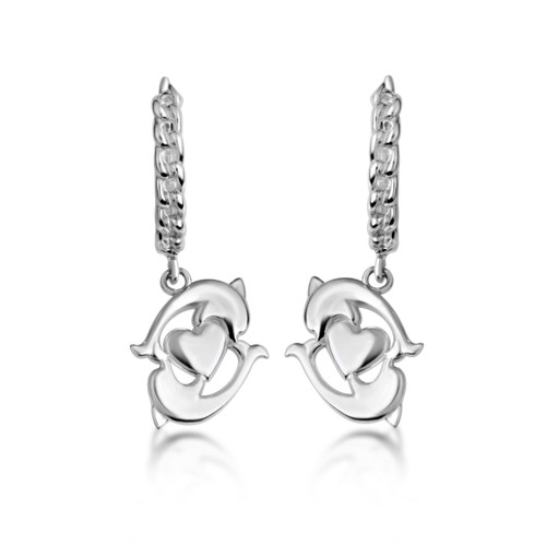 .925 Sterling Silver Marine Dolphin Heart Cuban Link Huggie Earrings