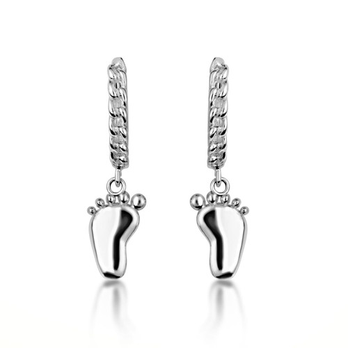 .925 Sterling Silver Baby Feet Cuban Link Huggie Earrings