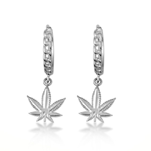 .925 Sterling Silver Marijuana Leaf Cannabis Cuban Link Huggie Earrings