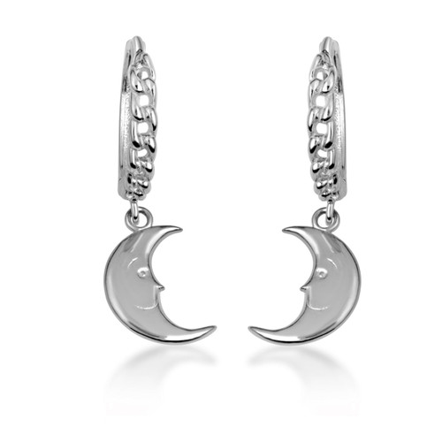 .925 Sterling Silver Crescent Moon Face Huggie Earring