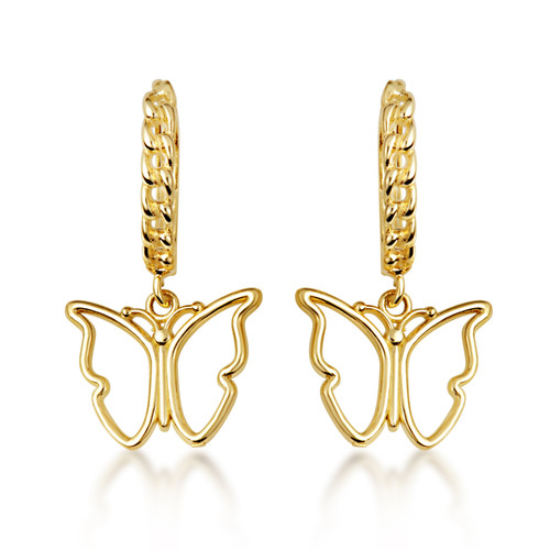 Yellow Gold Butterfly Open Cuban Link Huggie Earrings