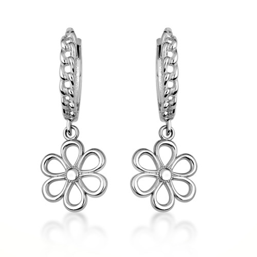 .925 Sterling Silver Daisy Flower Cuban Link Huggie Earrings