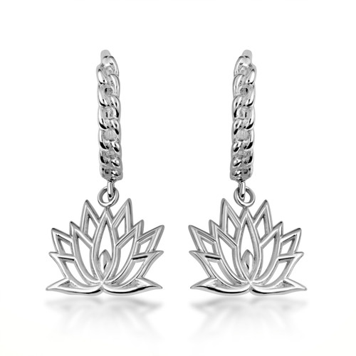 .925 Sterling Silver Lotus Bloom Flower Cuban Link Huggie Earrings