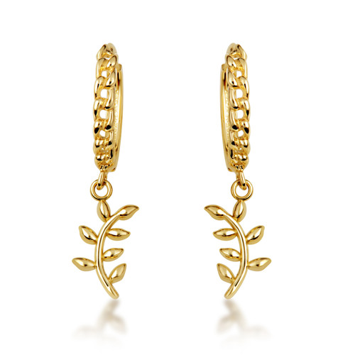 Yellow Gold Olive Vine Cuban Link Huggie Earrings