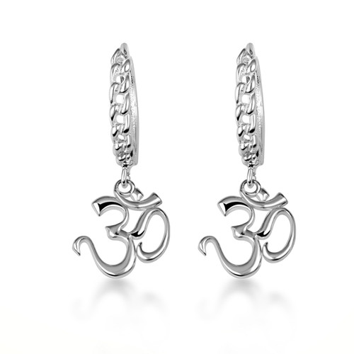 .925 Sterling Silver Spiritual Om Symbol Cuban Link Huggie Earrings